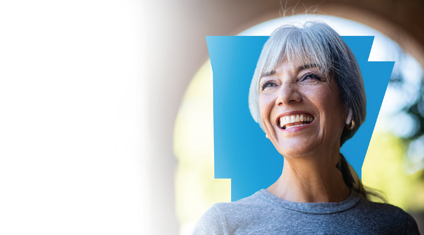 medicare-banner-age-in Woman smiling with outline of Arkansas behind her