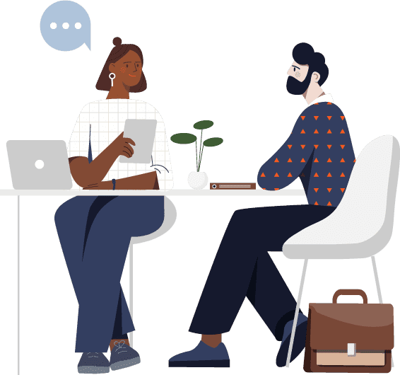 Illustrated people sitting at a table interviewing