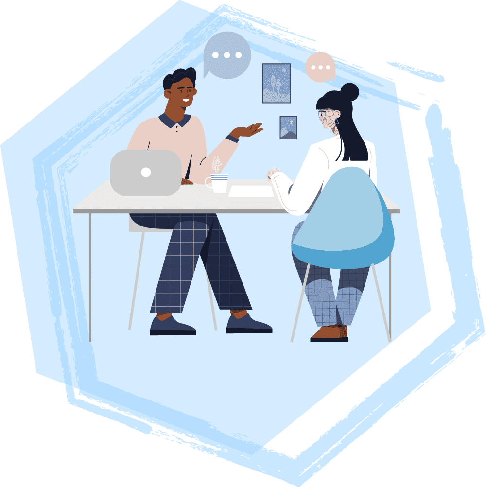 Illustrated people sitting at a table interviewing