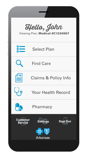 Mobile phone displaying the Arkansas Blue Medicare application