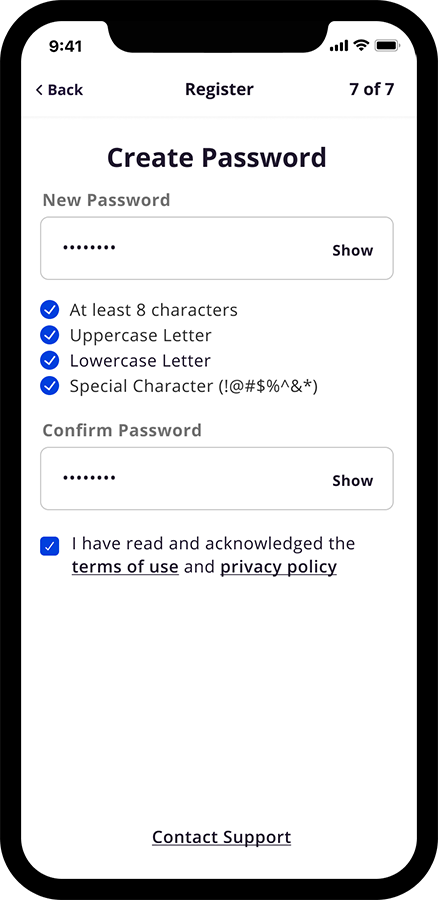 Phone with the password creation page of the Healthy Blue app