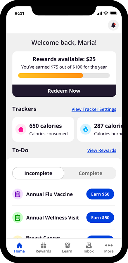Healhy blue app home page Phone with the Healthy Blue apps homepage