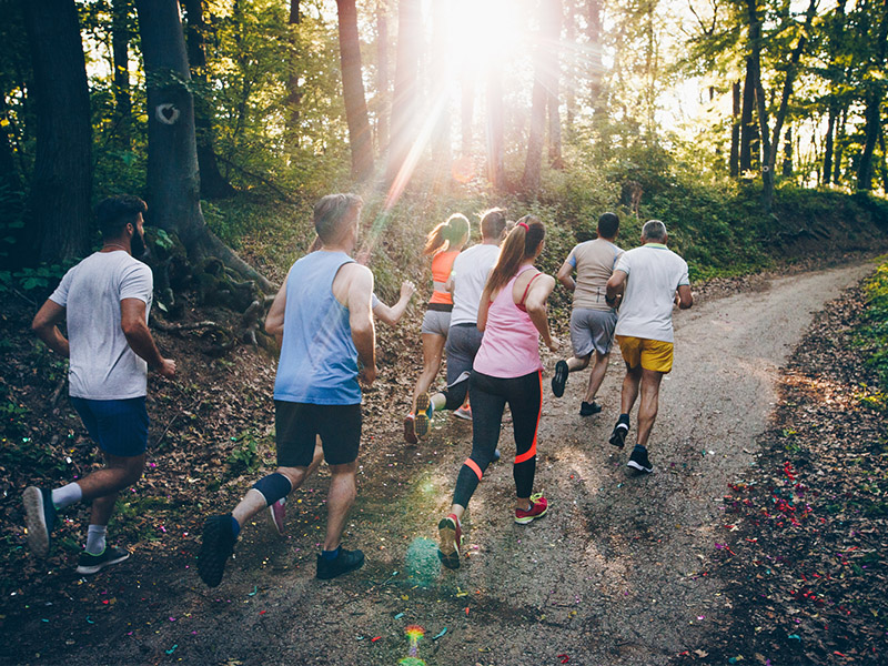 Group of people running on a trail path