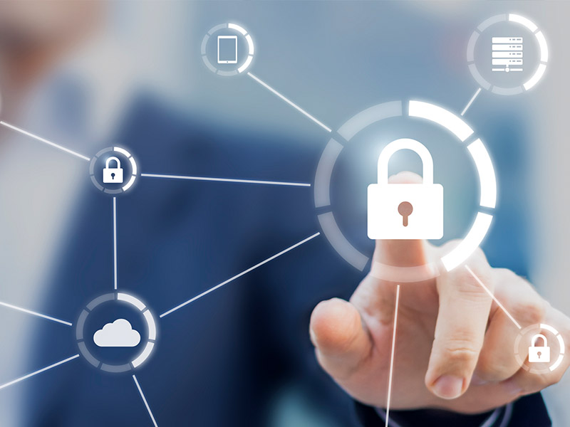 personal info Lock, cloud, tablet icons connected with a finger pressing lock icon